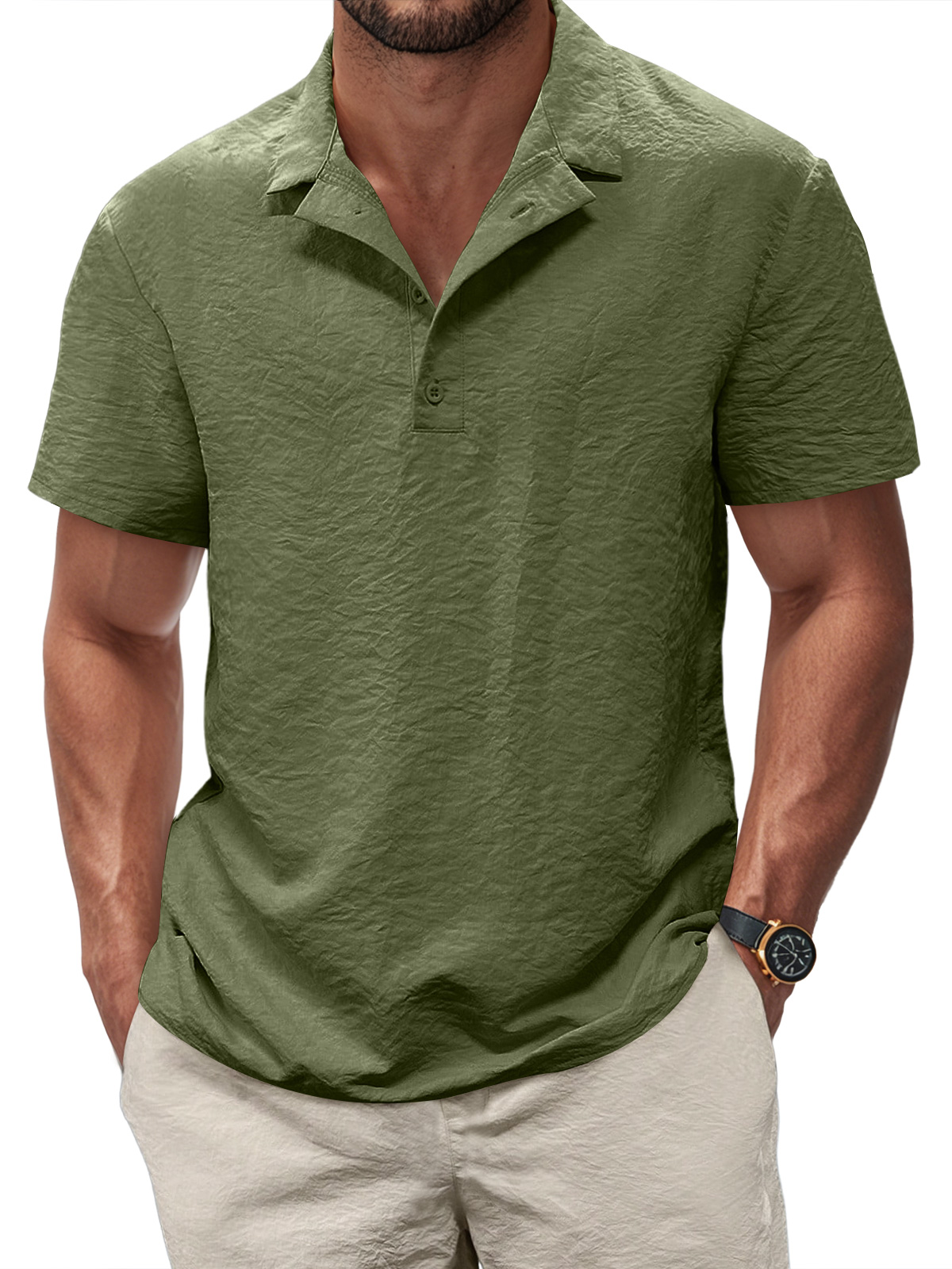 Men's Casual Pleated Texture Button Solid Color Short-sleeved Polo Shirt