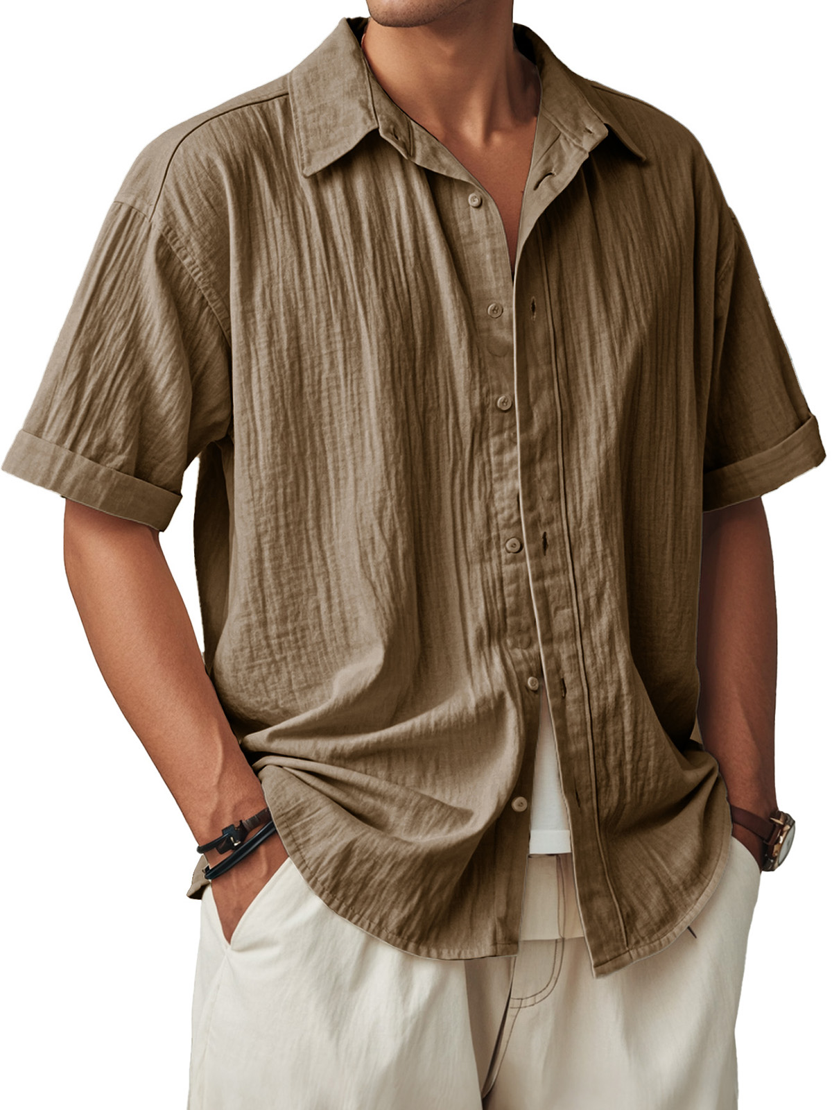 Men's Fashion Casual Pleated Fabric Short Sleeve Shirt