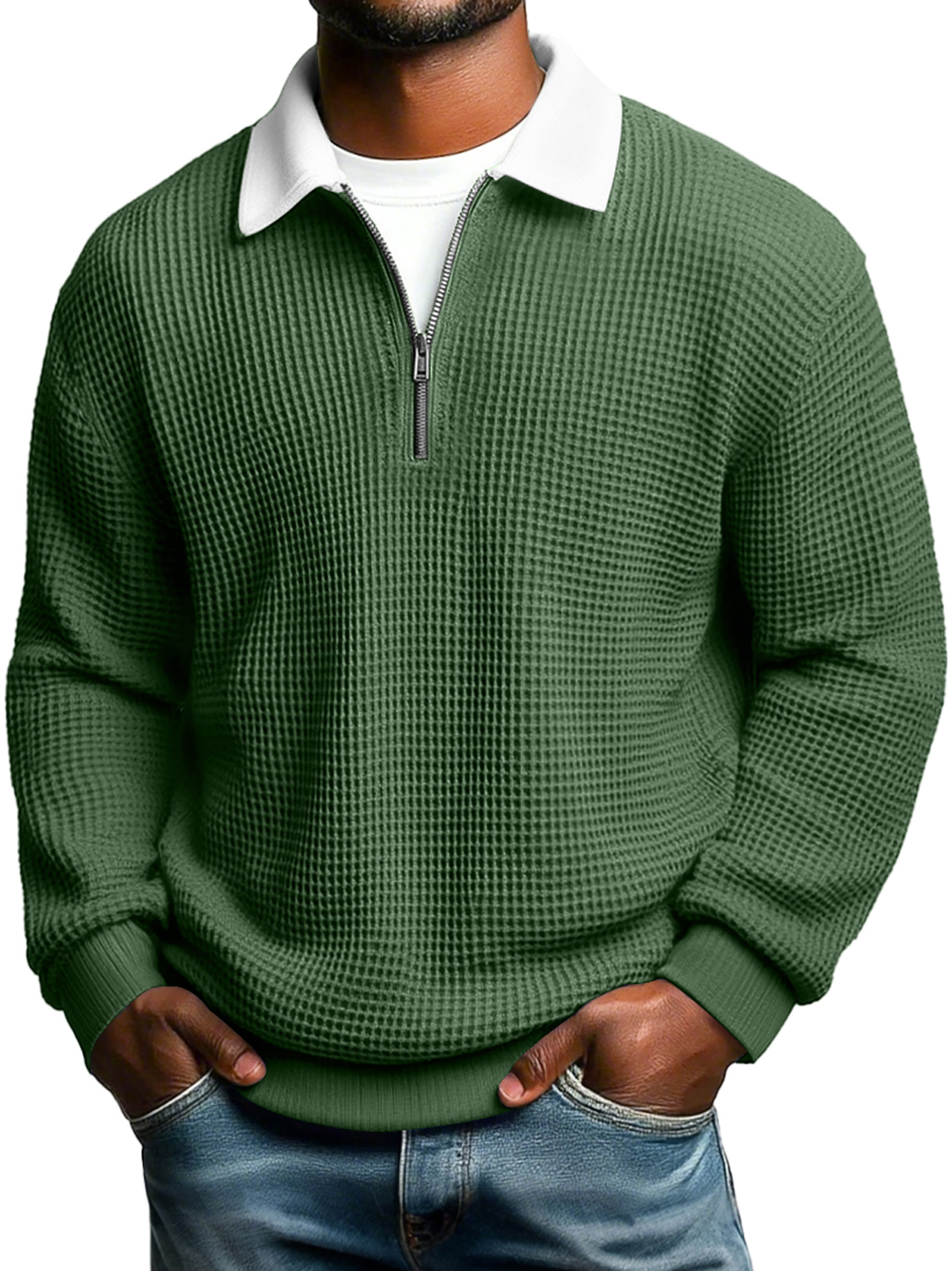 Simple Waffle-knit Collared Zip-up Casual Loose Long-sleeved Polo Shirt