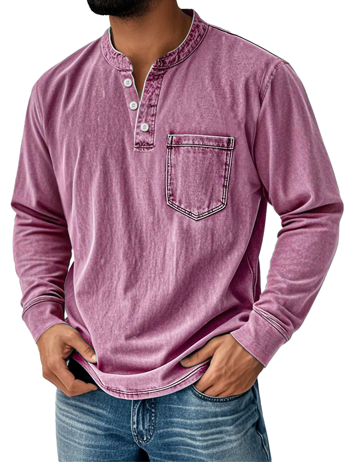Men's Retro Stand Collar Pocket Casual Distressed Long Sleeve Henley Shirt