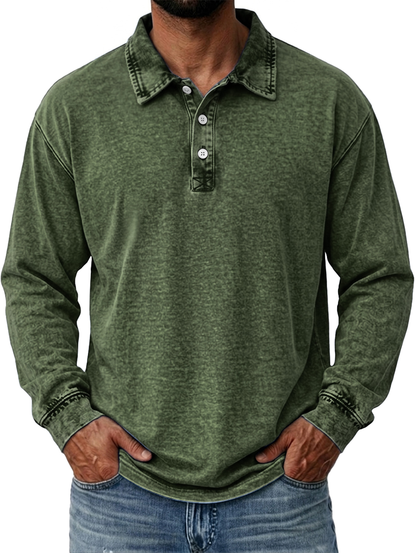 Men's Vintage Washed Cotton Long-Sleeve Polo Shirt with Collar and Button Placket