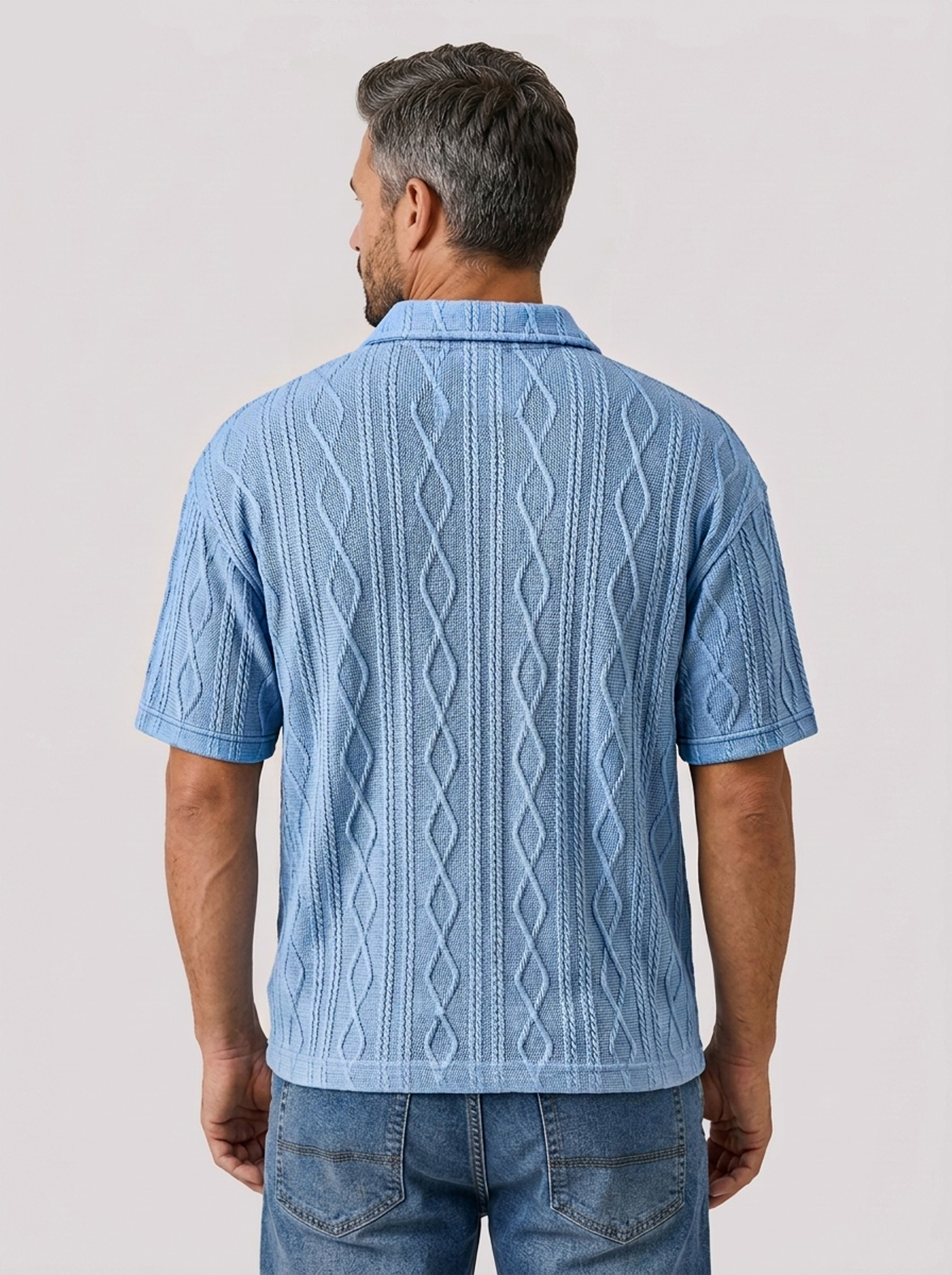 Men's Short-Sleeve Jacquard-Texture Polo Shirt with Collar and Button Placket
