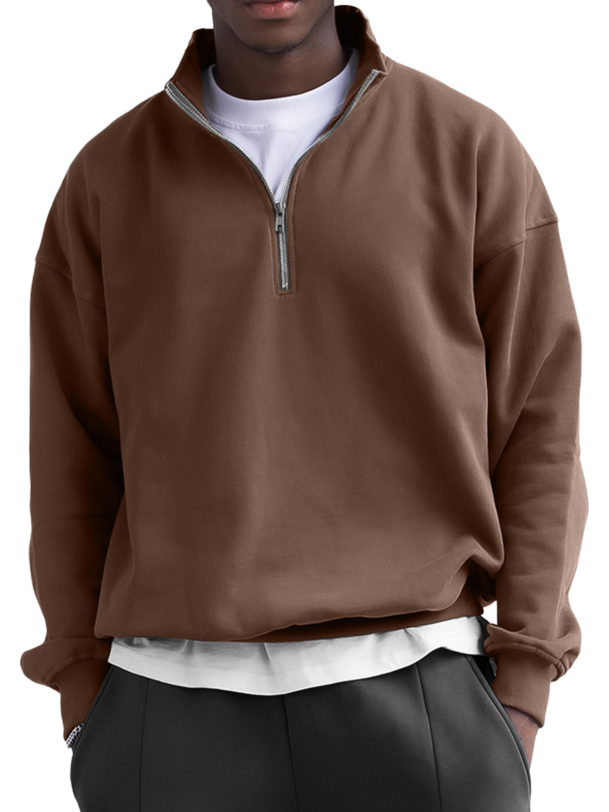 Men's Fashionable Stand Collar Zipper Casual Solid Color Sweatshirt