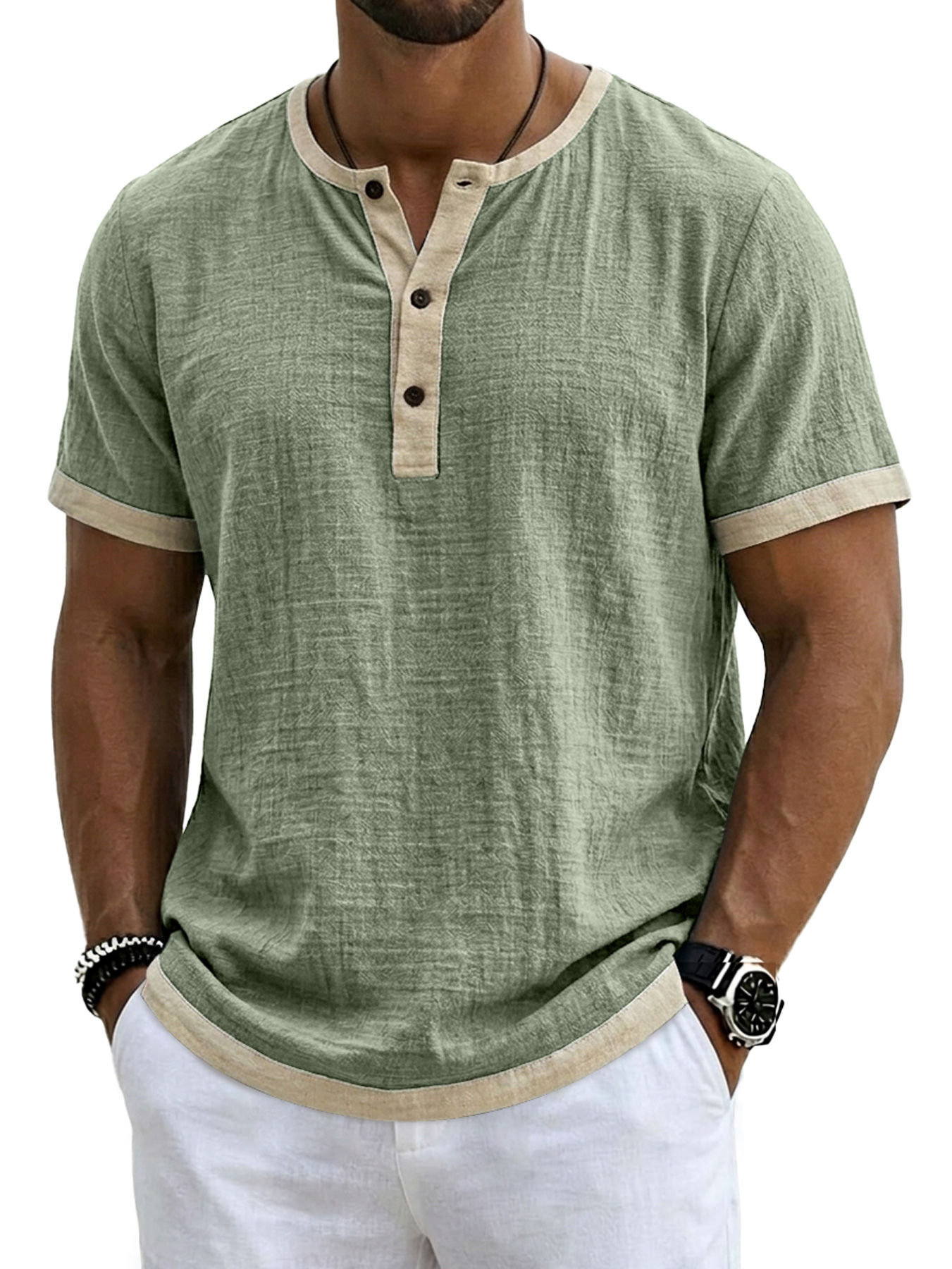 Men's Retro Linen Color Block Casual Short-Sleeve Henley Shirt