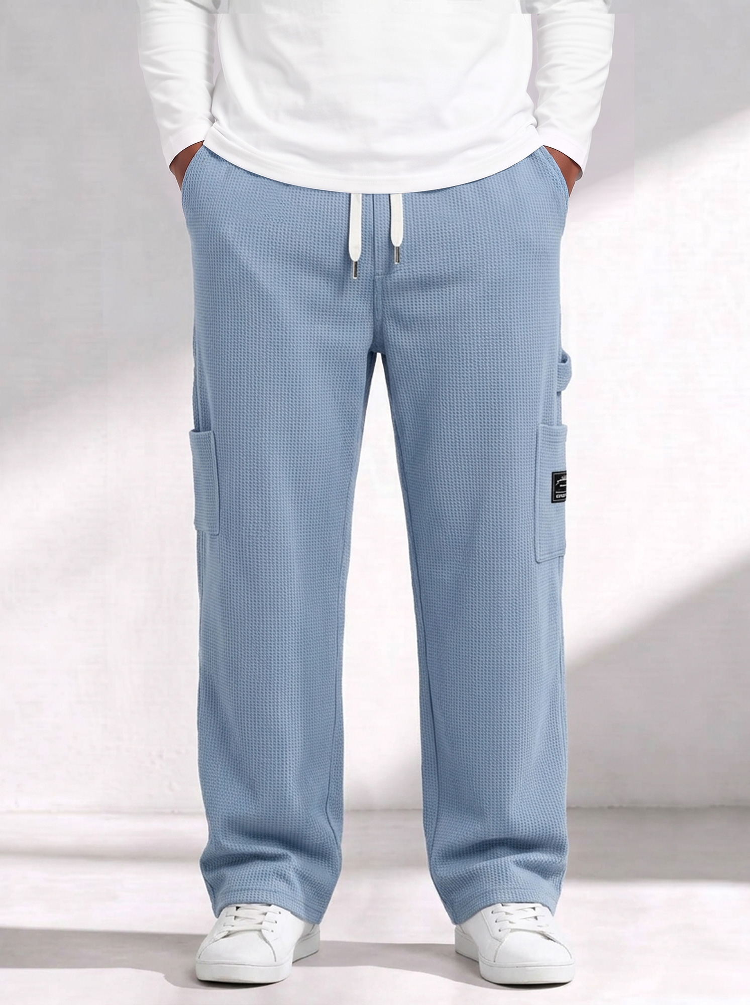 Men's Waffle-Knit Casual Cargo Pants with Multi-Pockets and Embroidered Logo
