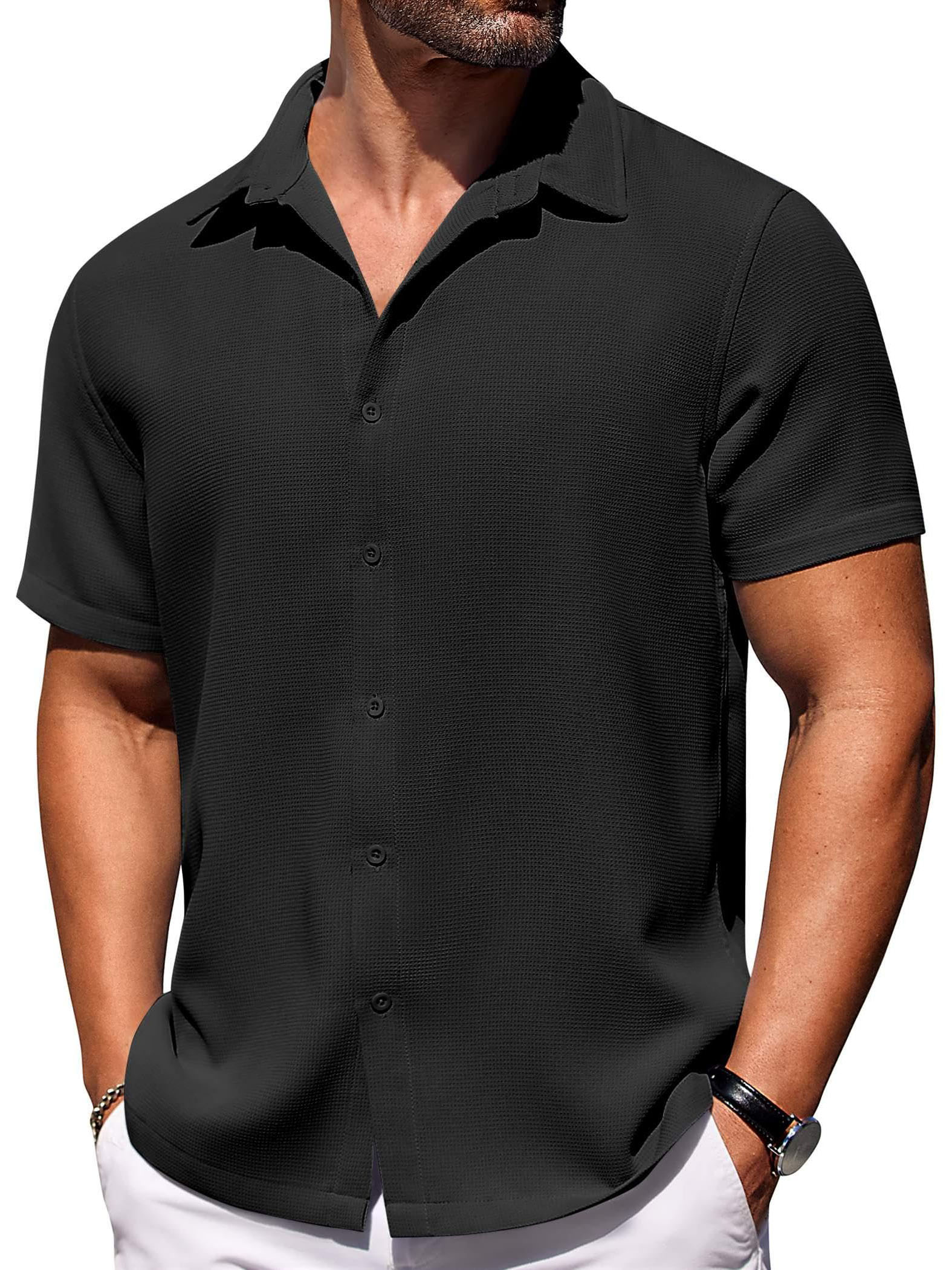 Men's Hawaiian Waffle Fabric Lapel Short Sleeve Shirt