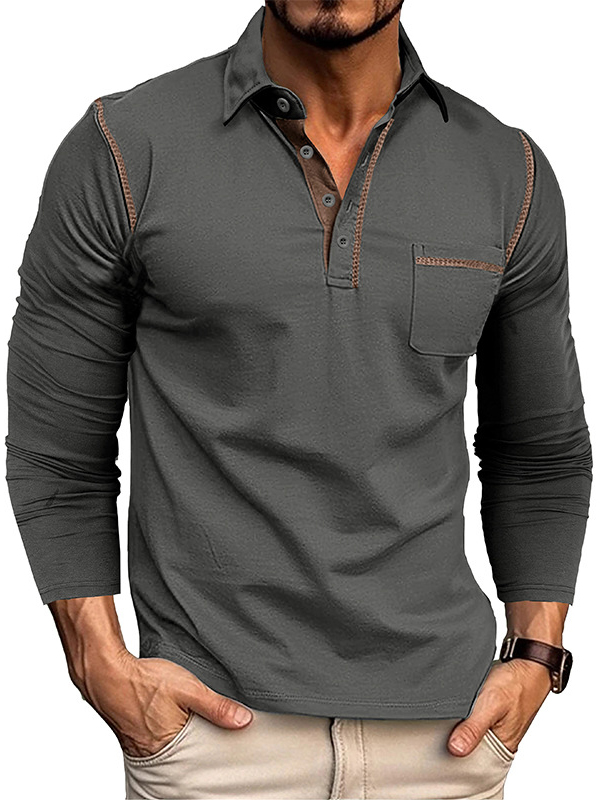 Men's Casual Cotton Lapel Pocket Long Sleeve Polo Shirt