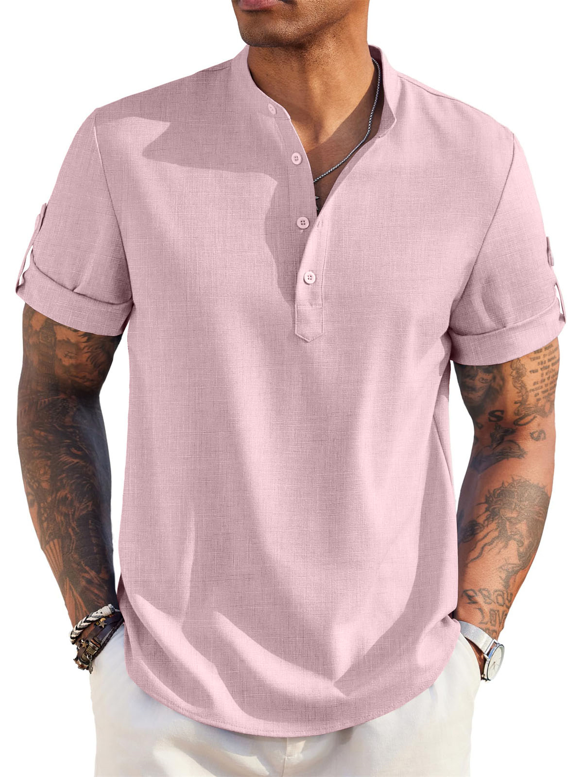 Men's Cotton And Linen Stand Collar Basic Casual Short-sleeved Shirt