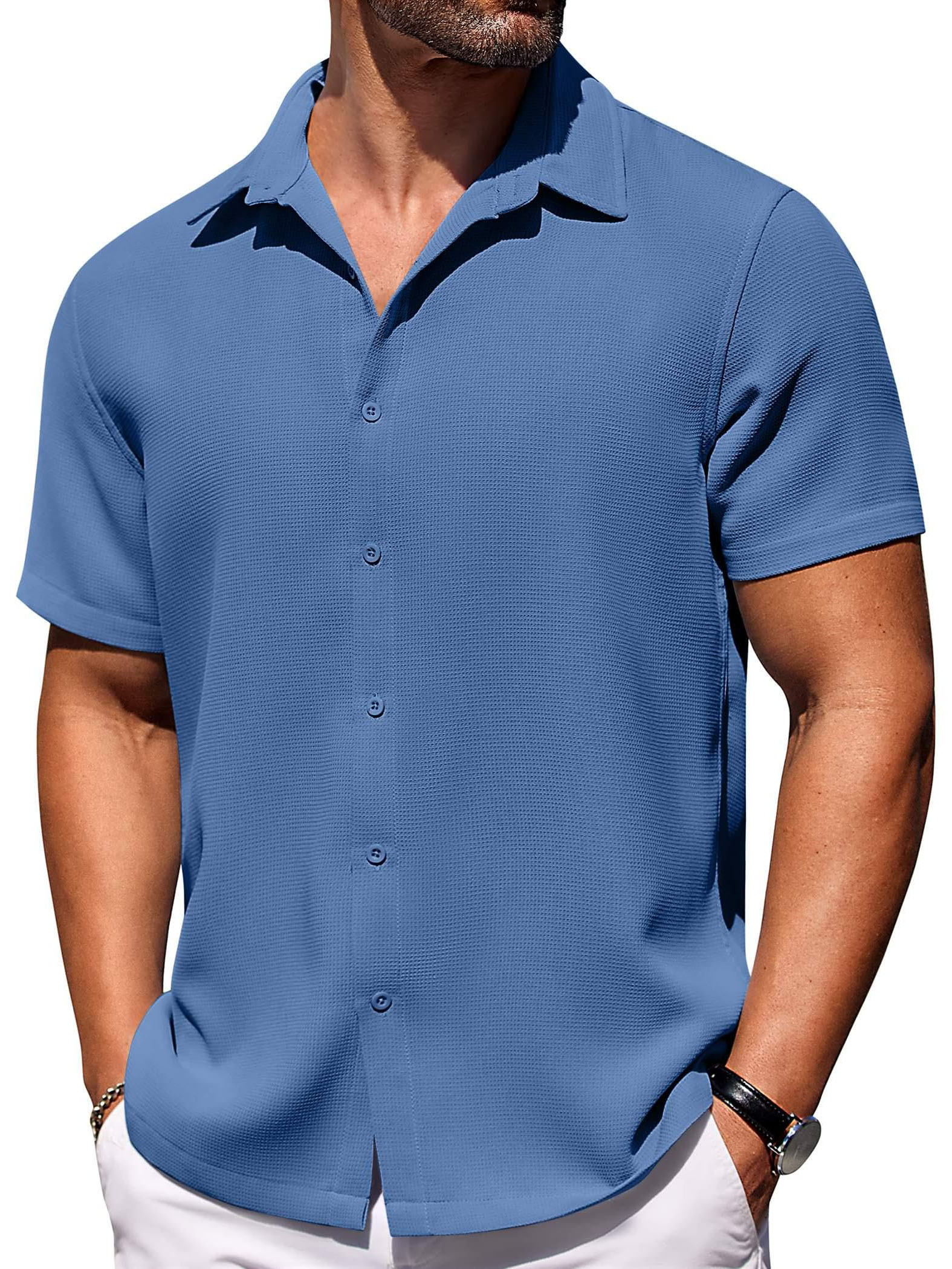 Men's Hawaiian Waffle Fabric Lapel Short Sleeve Shirt
