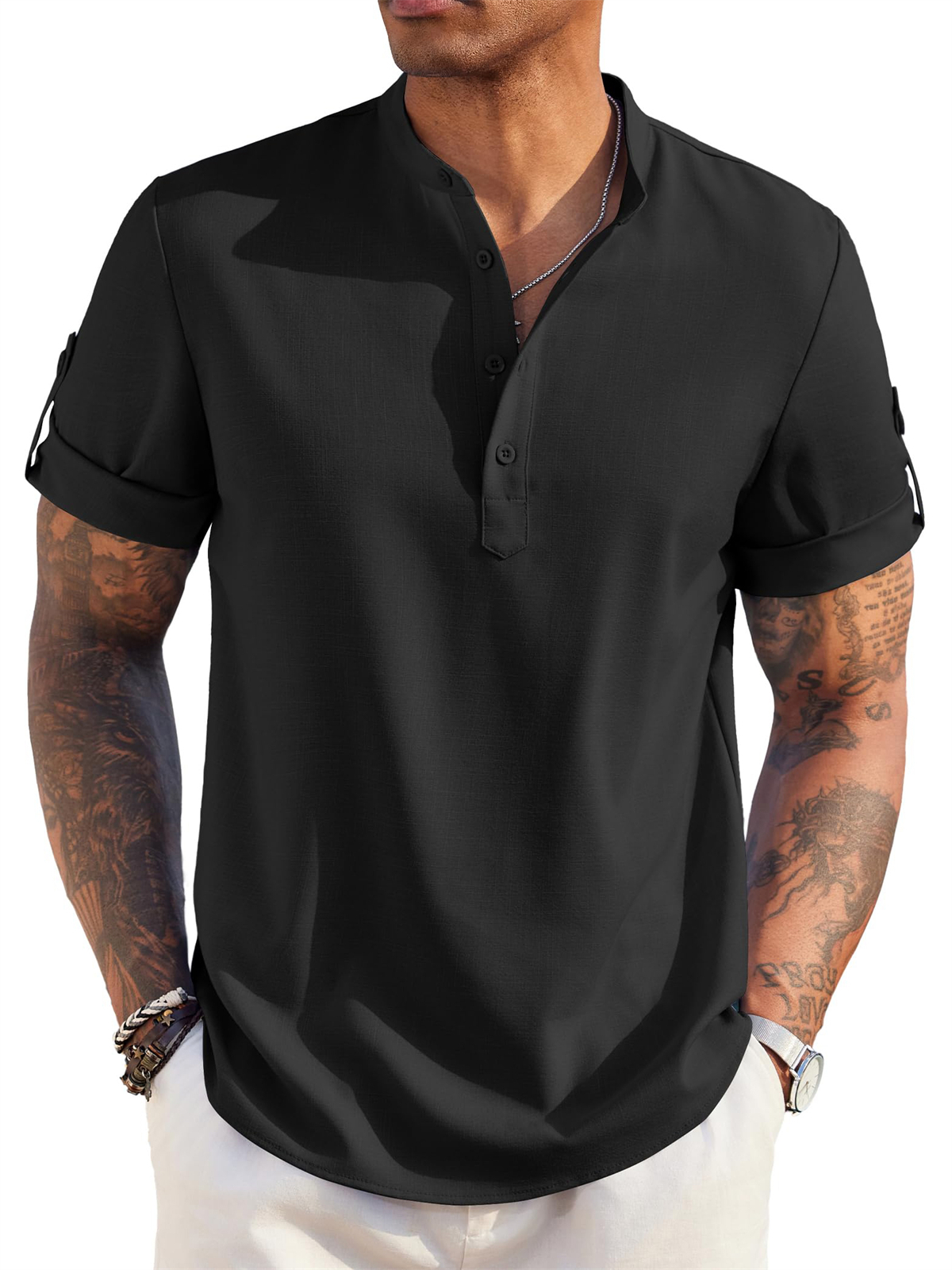 Men's Cotton And Linen Stand Collar Basic Casual Short-sleeved Shirt