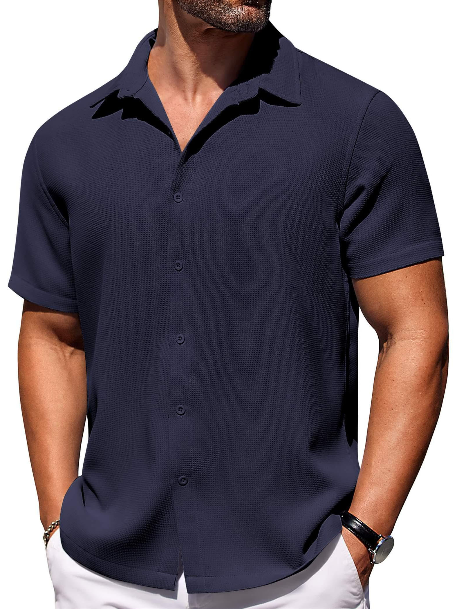 Men's Hawaiian Waffle Fabric Lapel Short Sleeve Shirt