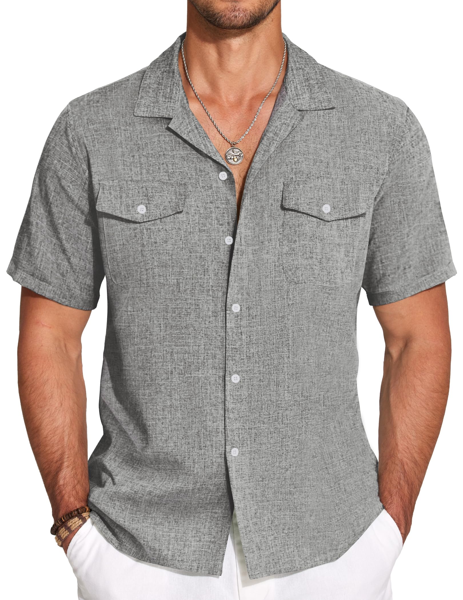 Men's Cotton And Linen Double Pocket Cuban Collar Basic Casual Short Sleeve Shirt