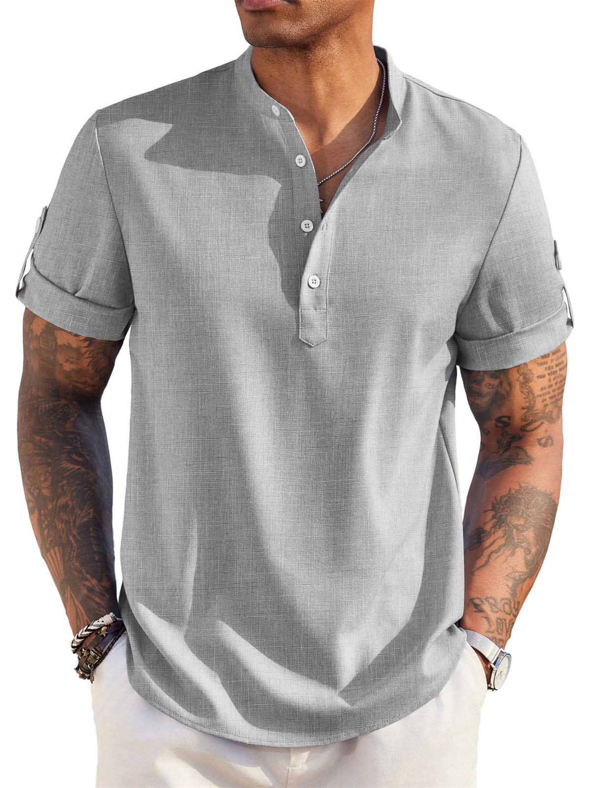 Men's Cotton And Linen Stand Collar Basic Casual Short-sleeved Shirt
