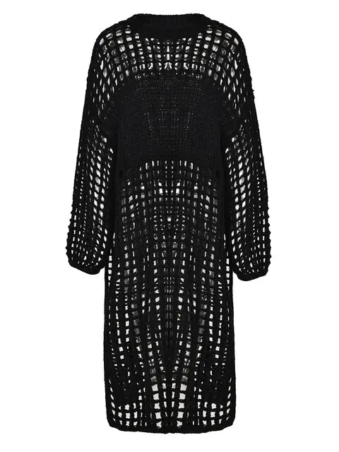 Women Black Knittng Hollow Out Big Size Long Dress New Round Neck Long Sleeve Fashion Tide Spring Autumn
