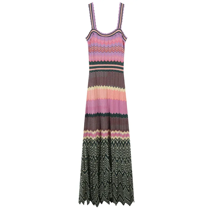 Colorful Ripple Skirt Spring/Summer New Hanging Strap Knitted Ethnic Style Mid length Skirt Women's Hundred Pleated Printed Contrast Color Dress