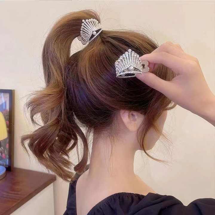 Rhinestone crown high ponytail clip metal crown hair claw pearl hairpins for women
