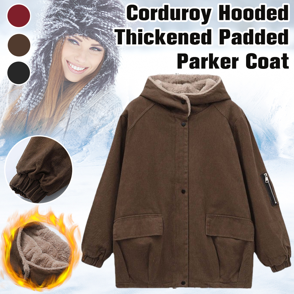 Corduroy Hooded Thickened Padded Parker Coat
