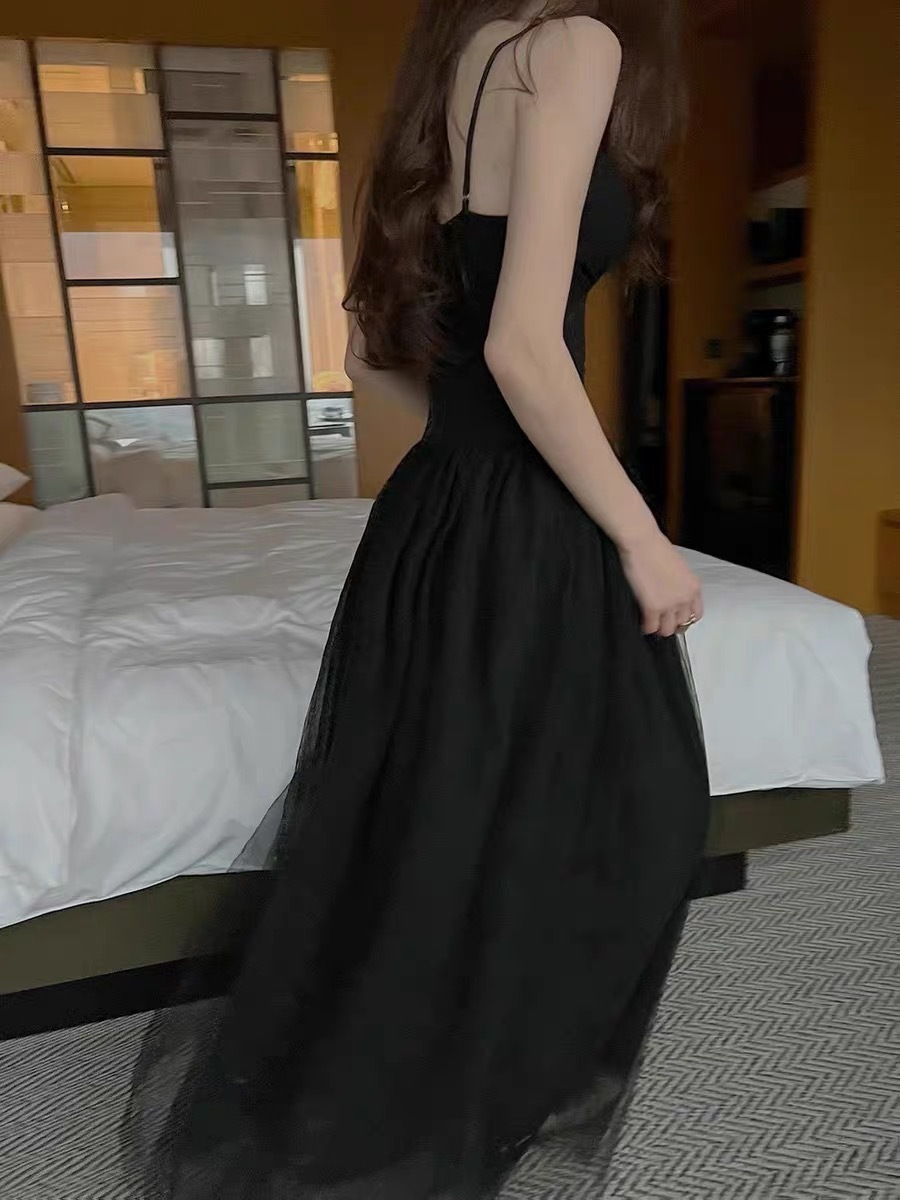 Ballet style suspender slim fit long skirt with mesh splicing for a long style