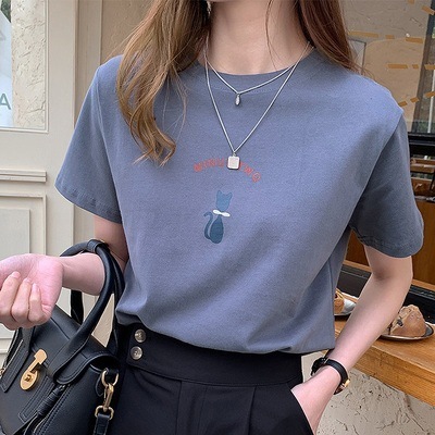 New Short sleeved T-shirt Women's Loose Print Round Neck T-shirt