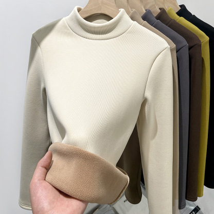Layered with a half high neckline slim knit bottom sweater and plush warm top