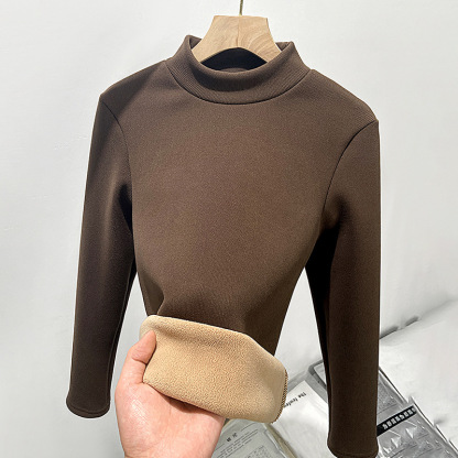 Layered with a half high neckline slim knit bottom sweater and plush warm top