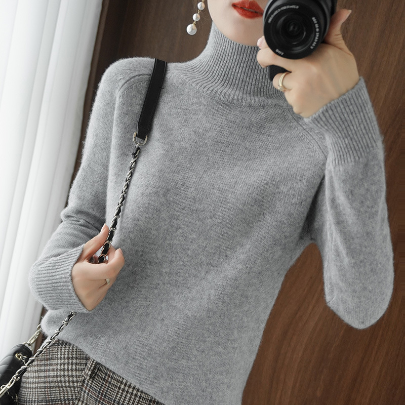 Solid Color High Neck Knitted Bottom Sweater for Women