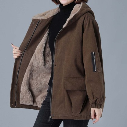 Corduroy Hooded Thickened Padded Parker Coat