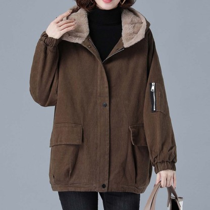 Corduroy Hooded Thickened Padded Parker Coat