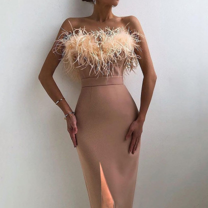 Hanging Feather Dress, Banquet Slim Fit, Elegant and Slim Wrapped Arm Dress