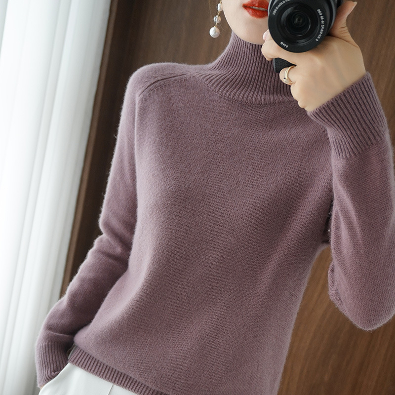 Solid Color High Neck Knitted Bottom Sweater for Women