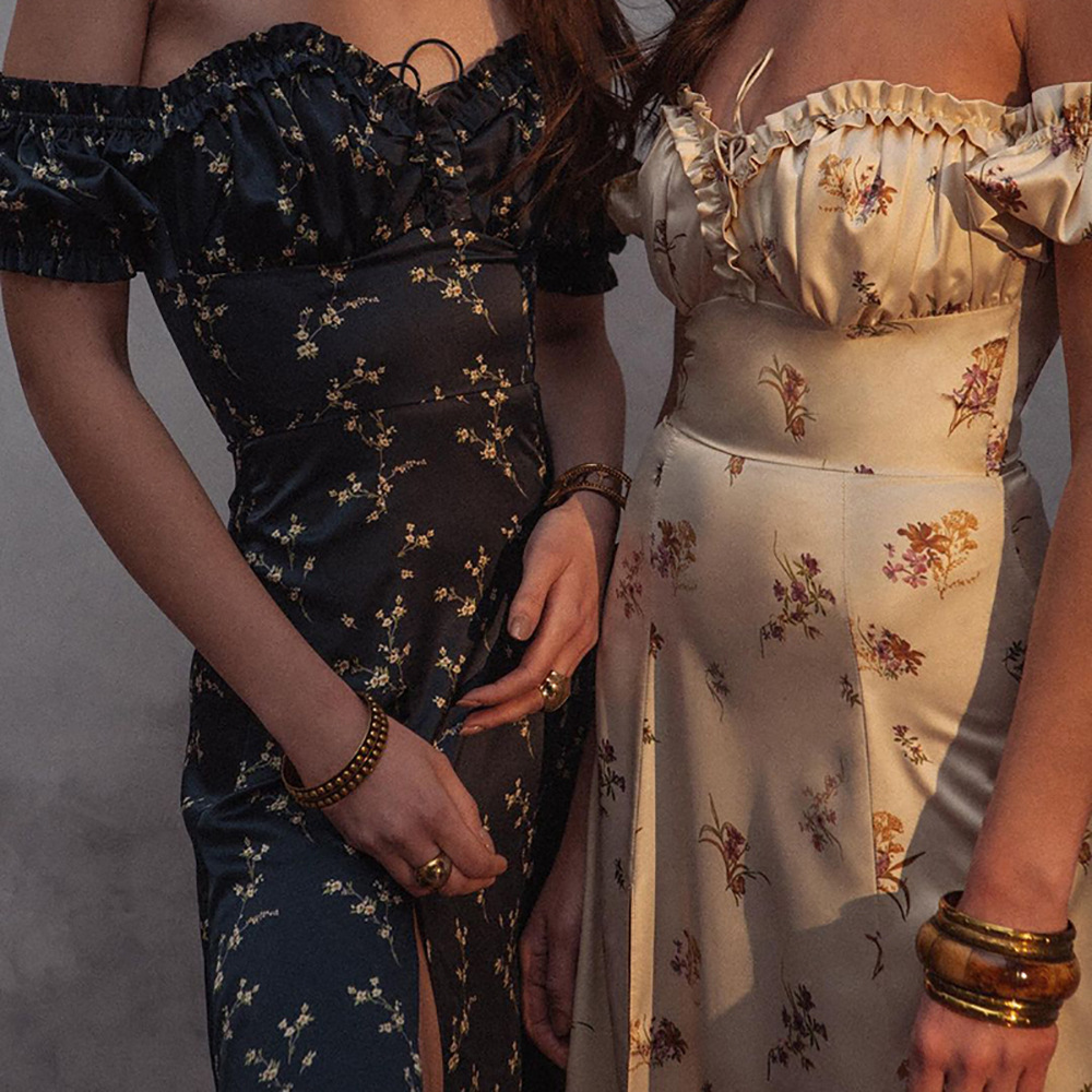 Sexy, elegant, and fashionable off the shoulder mid length floral dress