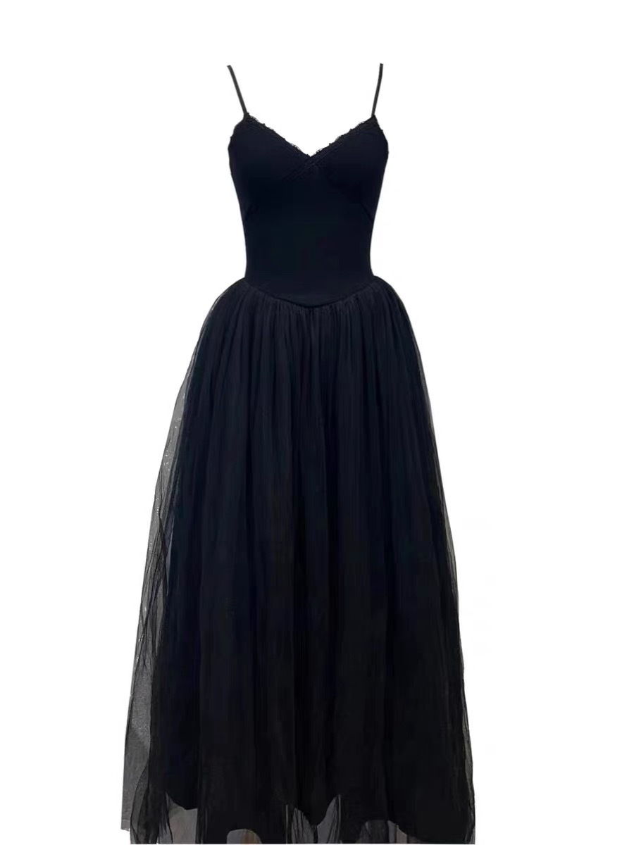Ballet style suspender slim fit long skirt with mesh splicing for a long style
