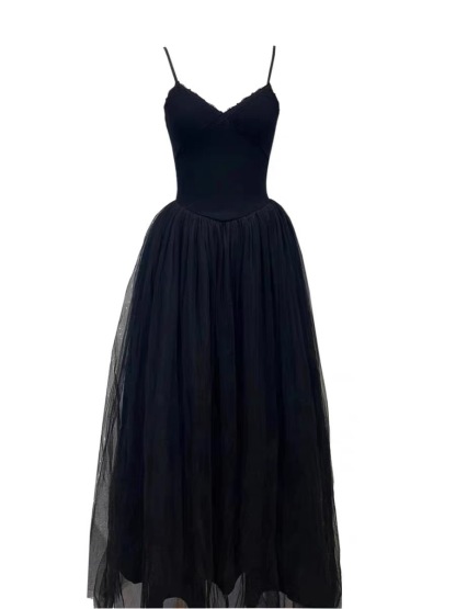 Ballet style suspender slim fit long skirt with mesh splicing for a long style