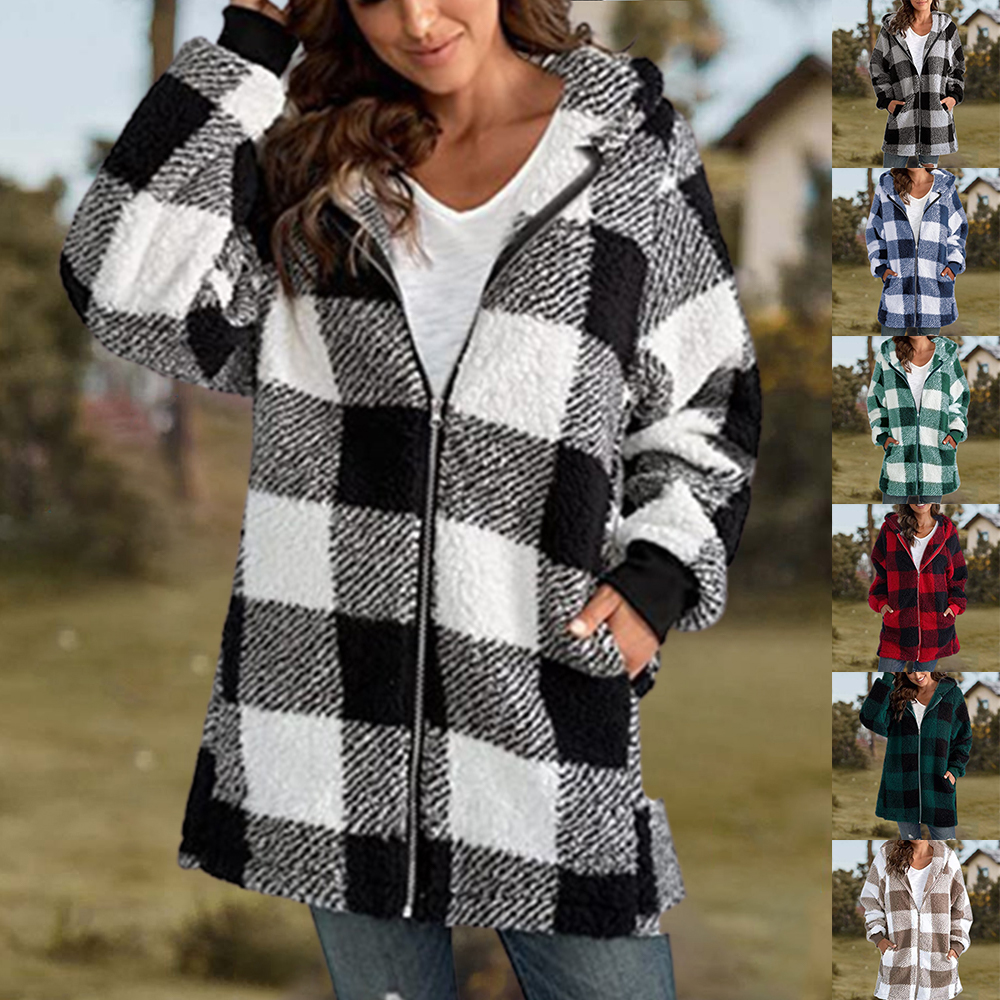 Women Oversized Hoodie Plaid Loose Overcoat