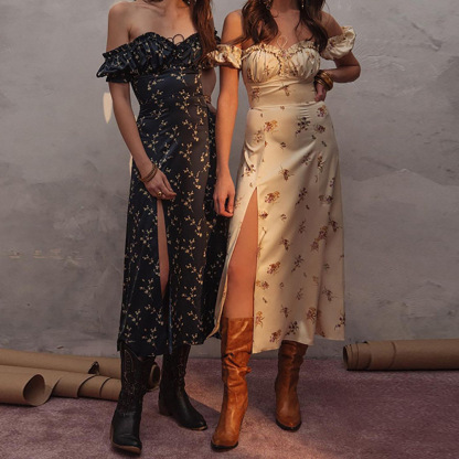 Sexy, elegant, and fashionable off the shoulder mid length floral dress