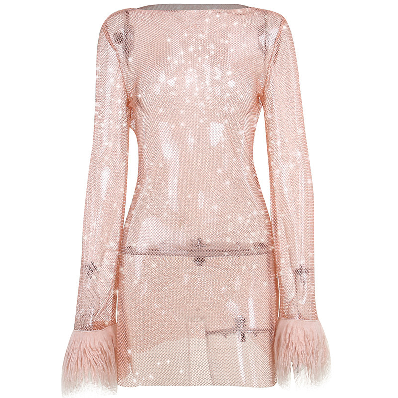 New Fashionable and Sexy Women's Dress with Fleece Fine Sparkling Mesh Dress
