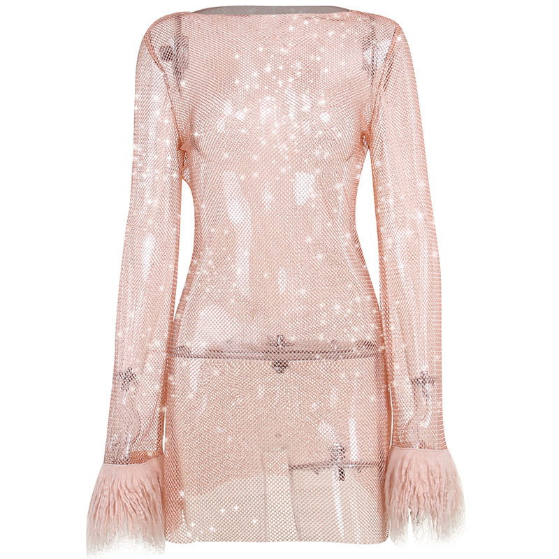 New Fashionable and Sexy Women's Dress with Fleece Fine Sparkling Mesh Dress