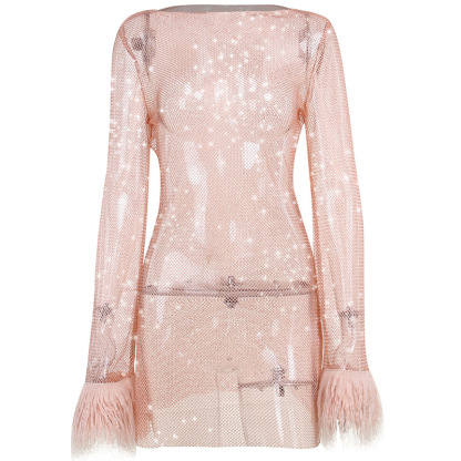 New Fashionable and Sexy Women's Dress with Fleece Fine Sparkling Mesh Dress