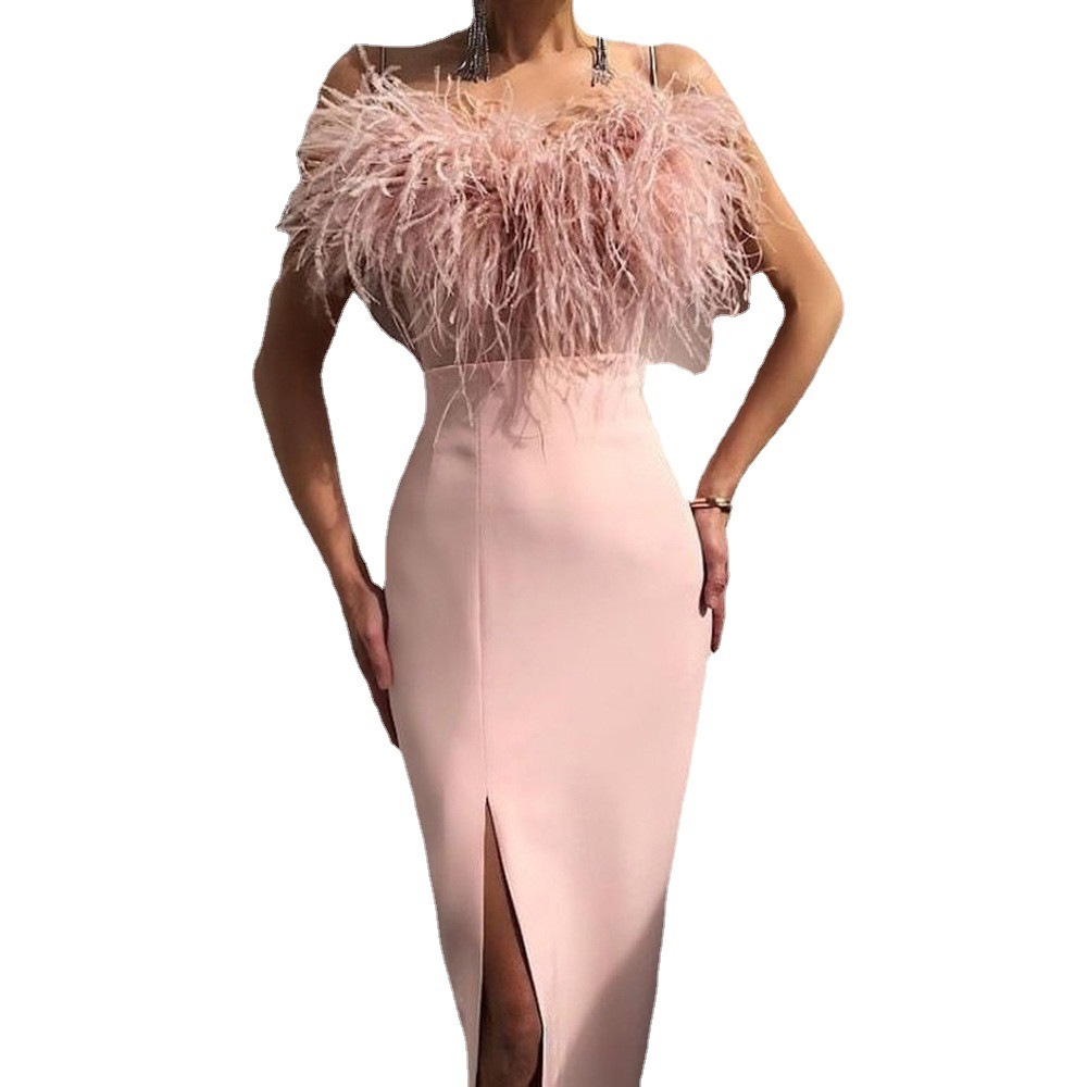 Hanging Feather Dress, Banquet Slim Fit, Elegant and Slim Wrapped Arm