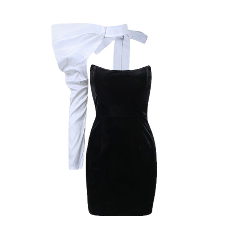Cross shoulder bow strapless small dress for slimming women