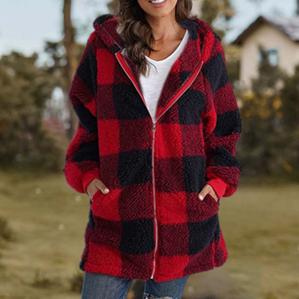 Women Oversized Hoodie Plaid Loose Overcoat