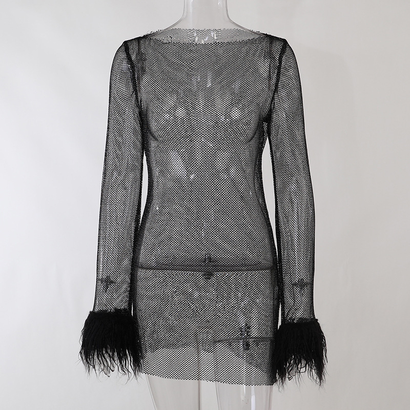 New Fashionable and Sexy Women's Dress with Fleece Fine Sparkling Mesh Dress