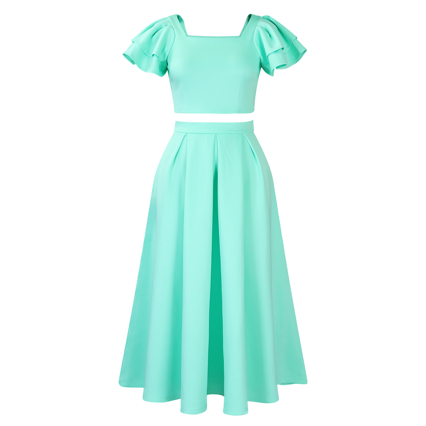 New solid color ruffled collar top with large skirt hem and skirt set
