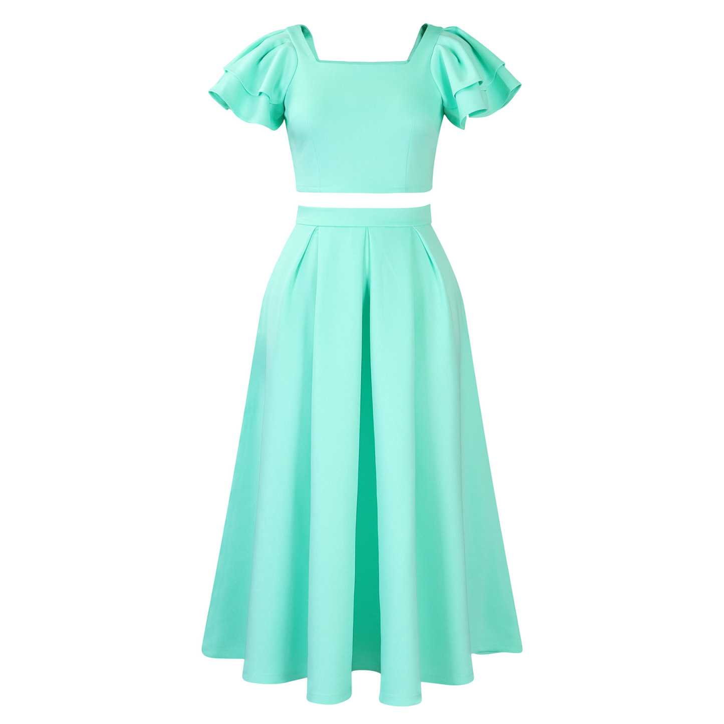 New solid color ruffled collar top with large skirt hem and skirt set