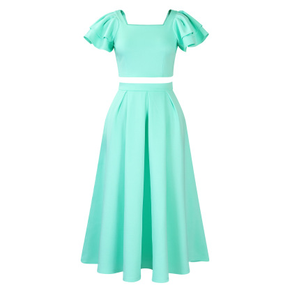 New solid color ruffled collar top with large skirt hem and skirt set