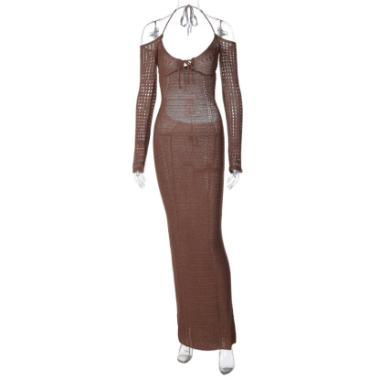 New sexy backless lace up slim fit hollow out long sleeved dress