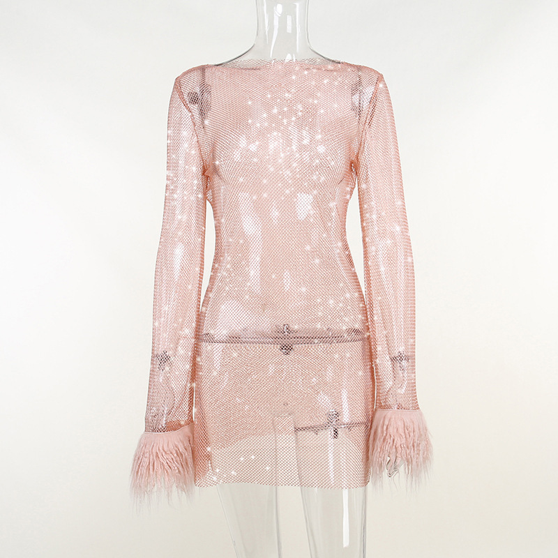 New Fashionable and Sexy Women's Dress with Fleece Fine Sparkling Mesh Dress