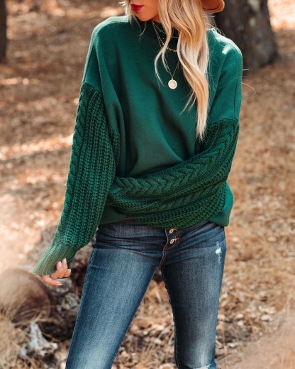 Solid color knitted sweater women's long sleeved thick needle round neck twisted rope top