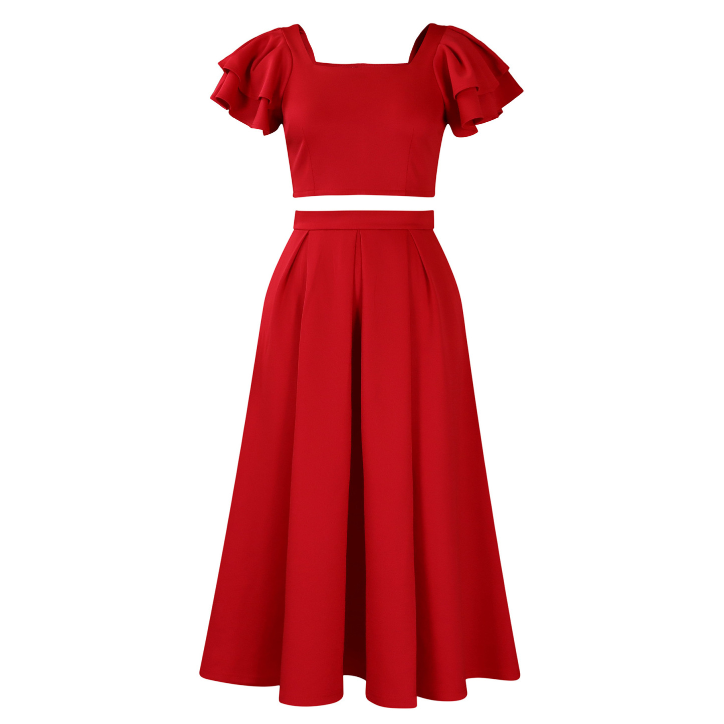 New solid color ruffled collar top with large skirt hem and skirt set