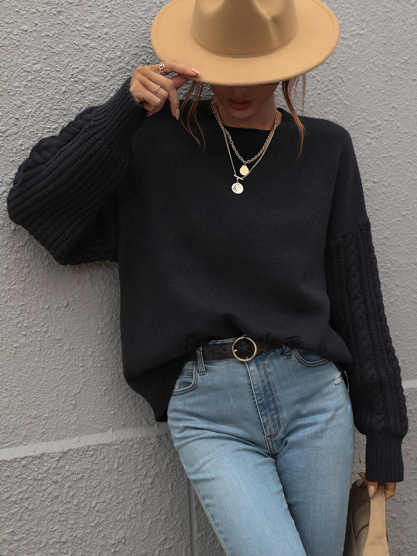 Solid color knitted sweater women's long sleeved thick needle round neck twisted rope top
